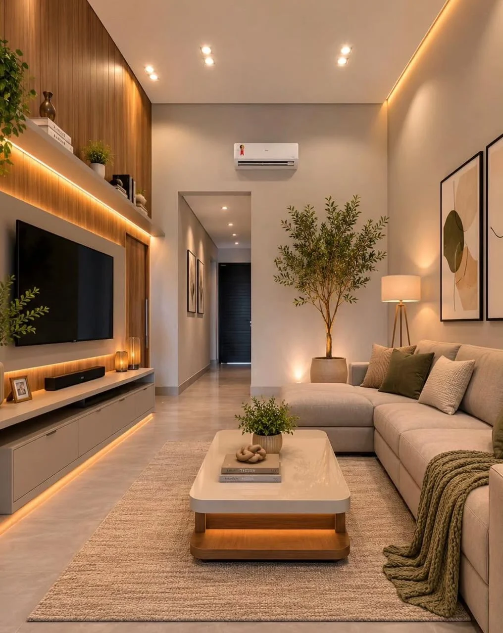 Sala de estar com painel ripado de madeira, rack suspenso e iluminação embutida