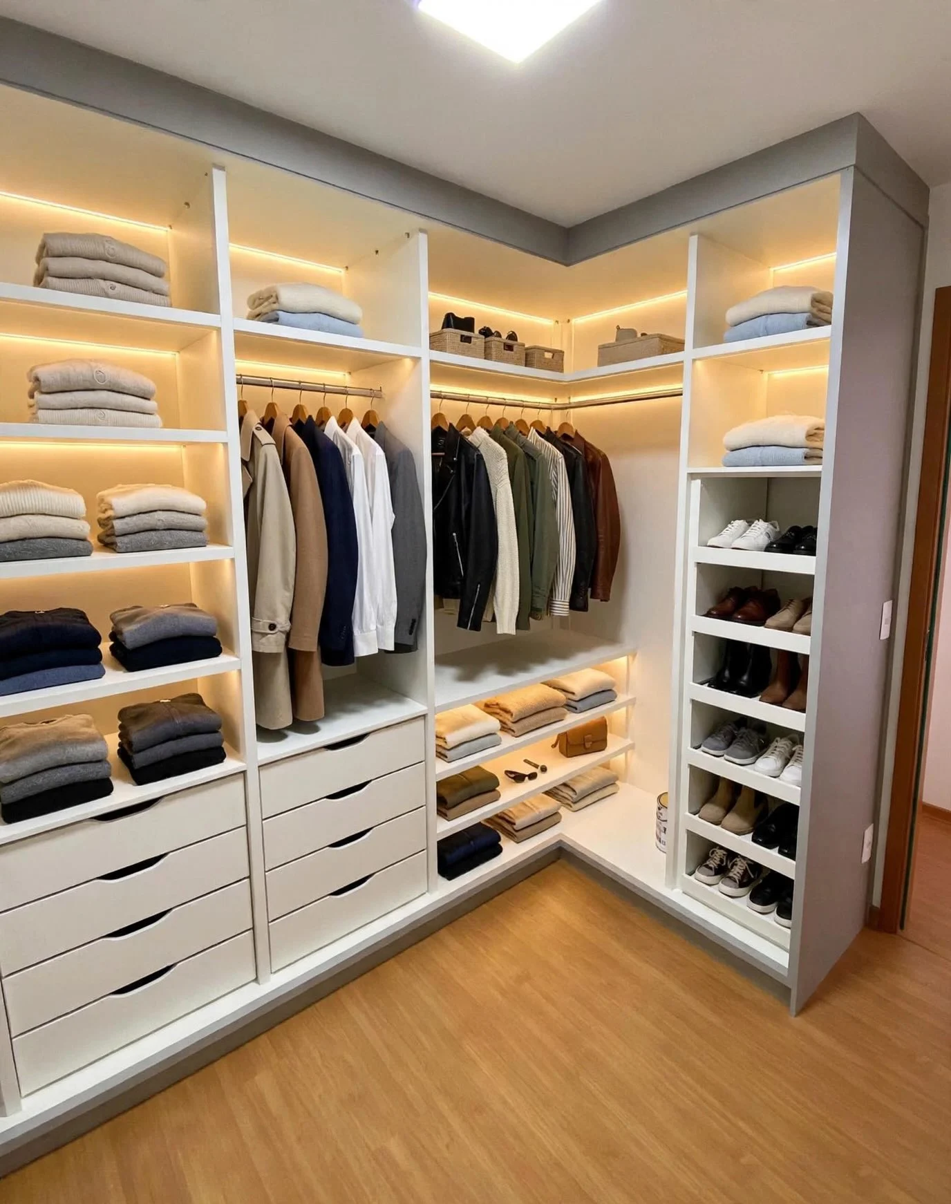 Closet em L com prateleiras iluminadas, gaveteiros e sapateira