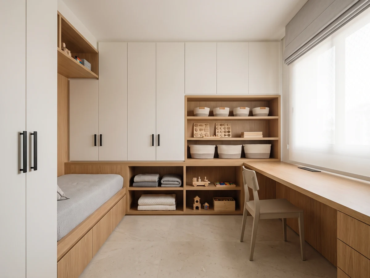 Quarto infantil planejado com cama, nichos e escrivaninha